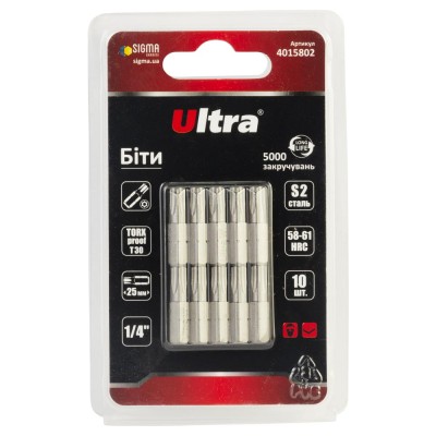 Біти TORX-proof 30×25мм ¼" 10шт S2 блістер ULTRA 4015802 Біти TORX-proof 30×25мм ¼" 10шт S2 блістер ULTRA 4015802