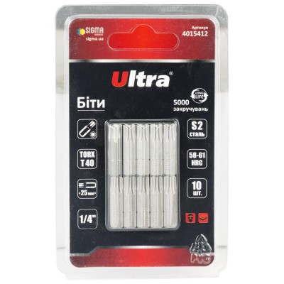 Біти TORX 40×25мм ¼" 10шт S2 блістер ULTRA 4015412 Біти TORX 40×25мм ¼" 10шт S2 блістер ULTRA 4015412