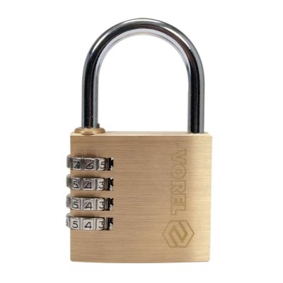Замок навісний з кодовим замиканням VOREL: латунний корпус- 50х 13.9х46 мм, сталев дуга- 34х32х 6 мм 77609