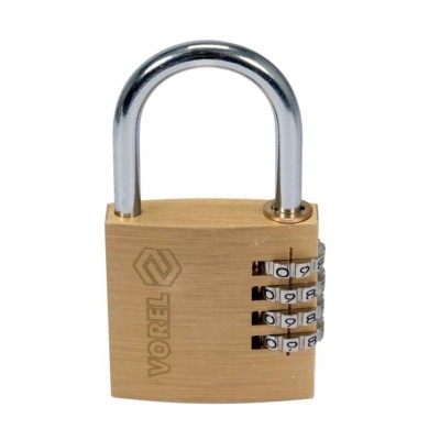 Замок навісний з кодовим замиканням VOREL: латунний корпус- 40х 11,8х39,5 мм, стал дуга- 30х25х 5 мм 77608