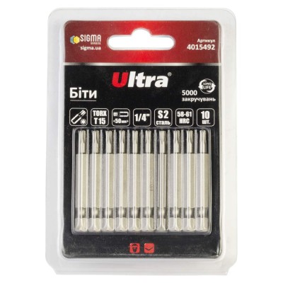 Біти TORX 15×50мм ¼" 10шт S2 блістер ULTRA 4015492 Біти TORX 15×50мм ¼" 10шт S2 блістер ULTRA 4015492