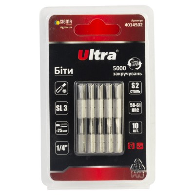 Біти SL3×25мм ¼" 10шт S2 блістер ULTRA 4014502 Біти SL3×25мм ¼" 10шт S2 блістер ULTRA 4014502