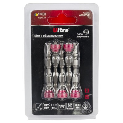 Біти з обмежувачем PH2-PH2×65мм ¼" 5шт S2 блістер ULTRA 4016552