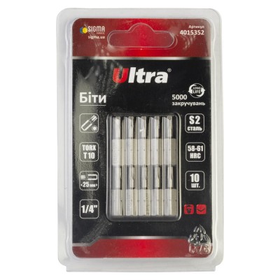 Біти TORX 10×25мм ¼" 10шт S2 блістер ULTRA 4015352 Біти TORX 10×25мм ¼" 10шт S2 блістер ULTRA 4015352