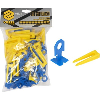 Кліпси і клини для викладання керамічної плитки VOREL : 2 мм, t≤ 14 мм. 50 + 50 шт. 4731 Кліпси і клини для викладання керамічної плитки VOREL : 2 мм, t≤ 14 мм. 50 + 50 шт. 4731