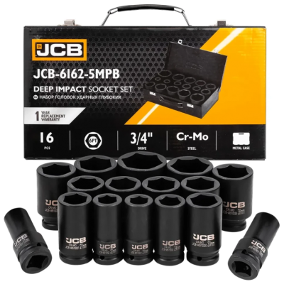 Набор головок ударных глубоких в металлическом кейсе 16 ед. 3/4'' (6-гр.) (17-50 мм) JCB Tools JCB-6162-5MPB