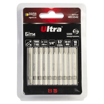 Біти TORX 40×50мм ¼" 10шт S2 блістер ULTRA 4015542 Біти TORX 40×50мм ¼" 10шт S2 блістер ULTRA 4015542