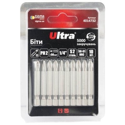 Біти PH2×50мм ¼" 10шт S2 блістер ULTRA 4014732 Біти PH2×50мм ¼" 10шт S2 блістер ULTRA 4014732