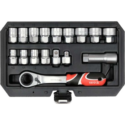 Набір головок торцевих наскрізних SPLINE Yato: квадрат 3/8" і 1/2", М10- М24 з храповим воротком YT-38653